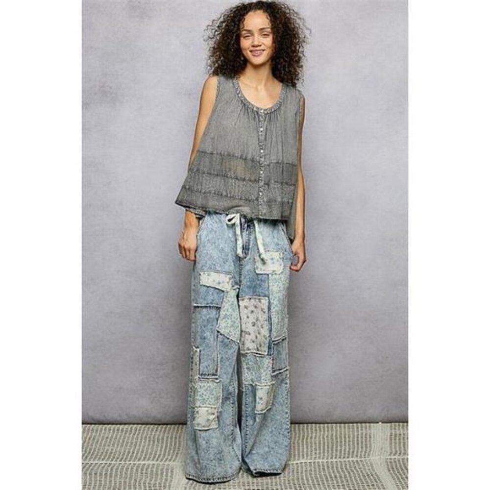 POL Button Down Round Neck Tank with‎ Crochet Contrast - Picture 6 of 8
